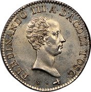Italy Lira Ferdinando III 1822 C# 57 FERDINANDO III A D A GD DI TOSC S coin obverse Italy Lira Ferdinando III 1822 C# 57 FERDINANDO III A D A GD DI TOSC S coin obverse