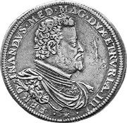 Italy Piastre Ferdinando II 1601 DAV# 4185 FER D INANDVS MED MAG DVX ETRVRIA IIII coin obverse Italy Piastre Ferdinando II 1601 DAV# 4185 FER D INANDVS MED MAG DVX ETRVRIA IIII coin obverse