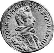 Italy Piastre Cosimo II 1610 DAV# 4189 COSM II MAGN DVX ETRVRIAE IIII coin obverse Italy Piastre Cosimo II 1610 DAV# 4189 COSM II MAGN DVX ETRVRIAE IIII coin obverse