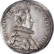 Italy Piastre Cosimo II 1610 DAV# 4190 COSMVS II MAGN DVX ETRVR IIII 1610 G A S P A M coin obverse Italy Piastre Cosimo II 1610 DAV# 4190 COSMVS II MAGN DVX ETRVR IIII 1610 G A S P A M coin obverse