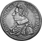Italy Piastre Cosimo II 1611 DAV# 4192 COSMVS II MAG DVX ETRV IIII coin obverse Italy Piastre Cosimo II 1611 DAV# 4192 COSMVS II MAG DVX ETRV IIII coin obverse