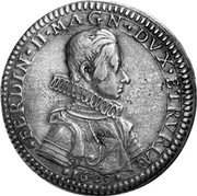 Italy Piastre Ferdinando II 1629 DAV# 4200 FERDIN II MAGN DVX ETRVRIAE 1633 coin obverse Italy Piastre Ferdinando II 1629 DAV# 4200 FERDIN II MAGN DVX ETRVRIAE 1633 coin obverse
