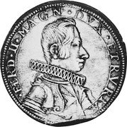 Italy Piastre Ferdinando II 1635 DAV# 4202 FERD II MAGN DVX ETRVRIAE coin obverse Italy Piastre Ferdinando II 1635 DAV# 4202 FERD II MAGN DVX ETRVRIAE coin obverse