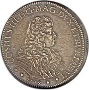 Italy Piastre Cosmos III 1679 DAV# 4209 COSMVS III D G MAG DVX ETRVRIAE VI 1679 coin obverse Italy Piastre Cosmos III 1679 DAV# 4209 COSMVS III D G MAG DVX ETRVRIAE VI 1679 coin obverse