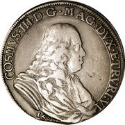 Italy Piastre Cosmos III 3rd type 1680/1681 DAV# 4210 COSMVS III D G MAG DVX ETRVRI VI 1680 coin obverse Italy Piastre Cosmos III 3rd type 1680/1681 DAV# 4210 COSMVS III D G MAG DVX ETRVRI VI 1680 coin obverse