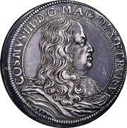 Italy Piastre Cosimo III 1680 DAV# 4211 COSMVS III D G MAG DVX ETRVR VI 1680 coin obverse Italy Piastre Cosimo III 1680 DAV# 4211 COSMVS III D G MAG DVX ETRVR VI 1680 coin obverse