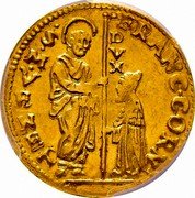 Italy Zecchino 1656 A nearly XF example realized approximately $43,000 in a November 2007 Numismatica Ars Classica auction. KM# 254 Venice/ Republic Trade Coinage S M VENET RANC CORN DVX coin obverse Italy Zecchino 1656 A nearly XF example realized approximately $43,000 in a November 2007 Numismatica Ars Classica auction. KM# 254 Venice/ Republic Trade Coinage S M VENET RANC CORN DVX coin obverse