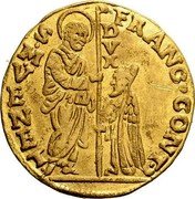 Italy Zecchino Christ in Beaded Ellipse. Francesco Contarini ND An example in VF realized approximately $95,000 in a November 2007 Numismatica Ars Classica auction. KM# 130 FRANC CONT S M VENET DVX coin obverse Italy Zecchino Christ in Beaded Ellipse. Francesco Contarini ND An example in VF realized approximately $95,000 in a November 2007 Numismatica Ars Classica auction. KM# 130 FRANC CONT S M VENET DVX coin obverse