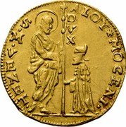Italy Zecchino Christ in Beaded Ellipse. Alvise Mocenigo III ND KM# 517 ALOY MOCENI S M VENET DVX coin obverse Italy Zecchino Christ in Beaded Ellipse. Alvise Mocenigo III ND KM# 517 ALOY MOCENI S M VENET DVX coin obverse