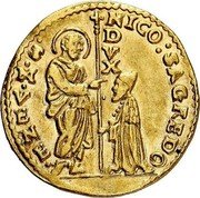 Italy Zecchino Christ in Beaded Ellipse. Nicolo Sagredo ND KM# 344 NICOL SAGREDO S M VENET DVX coin obverse Italy Zecchino Christ in Beaded Ellipse. Nicolo Sagredo ND KM# 344 NICOL SAGREDO S M VENET DVX coin obverse