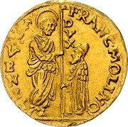 Italy Zecchino Christ in Beaded Ellipse. Francesco Molin ND KM# 212 FRANC MOLINO S M VENET DVX coin obverse Italy Zecchino Christ in Beaded Ellipse. Francesco Molin ND KM# 212 FRANC MOLINO S M VENET DVX coin obverse