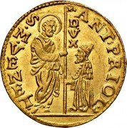Italy Zecchino Christ in Beaded Ellipse. Antonio Priuli ND KM# 105 ANT PRIOL S M VENET DVX coin obverse Italy Zecchino Christ in Beaded Ellipse. Antonio Priuli ND KM# 105 ANT PRIOL S M VENET DVX coin obverse