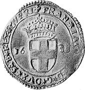 Italy 1/4 Lira 1638 KM# 6.2 Vercelli/ Siege Coinage FRAN IACINT D G DVX SAB REX CYPRI 16 38 coin obverse Italy 1/4 Lira 1638 KM# 6.2 Vercelli/ Siege Coinage FRAN IACINT D G DVX SAB REX CYPRI 16 38 coin obverse