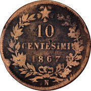 Italy 10 Centesimi Vittorio Emanuele II 1867 N KM# 11.4 VITTORIO EMANUELE II RE D'ITALIA FERRARIS coin reverse Italy 10 Centesimi Vittorio Emanuele II 1867 N KM# 11.4 VITTORIO EMANUELE II RE D'ITALIA FERRARIS coin reverse