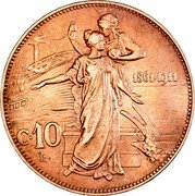Italy 10 Centesimi 50th Anniversary of the Kingdom 1911 R KM# 51 1861-1911 C. 10 R coin reverse Italy 10 Centesimi 50th Anniversary of the Kingdom 1911 R KM# 51 1861-1911 C. 10 R coin reverse