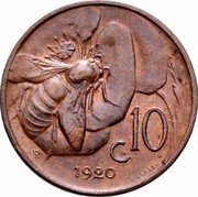 Italy 10 Centesimi Vittorio Emanuele III. Bee 1920 R KM# 60 C.10 R 1936 R. BROZZI coin reverse Italy 10 Centesimi Vittorio Emanuele III. Bee 1920 R KM# 60 C.10 R 1936 R. BROZZI coin reverse