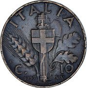 Italy 10 Centesimi Vittorio Emanuele III 1937 R Yr XV KM# 74 ITALIA R C. 10 1938 XVI G.ROMAGNOLI coin reverse Italy 10 Centesimi Vittorio Emanuele III 1937 R Yr XV KM# 74 ITALIA R C. 10 1938 XVI G.ROMAGNOLI coin reverse