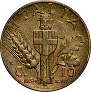 Italy 10 Centesimi Vittorio Emanuele III 1939 R Yr XVII KM# 74a ITALIA R C. 10 1939 XVII G.ROMAGNOLI coin reverse Italy 10 Centesimi Vittorio Emanuele III 1939 R Yr XVII KM# 74a ITALIA R C. 10 1939 XVII G.ROMAGNOLI coin reverse