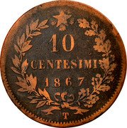 Italy 10 Centesimi Vittorio Emanuele II 1867 T KM# 11.6 10 CENTESIMI 1866 T coin reverse Italy 10 Centesimi Vittorio Emanuele II 1867 T KM# 11.6 10 CENTESIMI 1866 T coin reverse