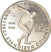 Italy 10 Euro 100th Anniversary of the Foundation of C.O.N.I. 2014 Proof KM# 376 COMITATO OLIMPICO NAZIONALE ITALIANO R 1914 2014 10 EURO MOMONI coin reverse Italy 10 Euro 100th Anniversary of the Foundation of C.O.N.I. 2014 Proof KM# 376 COMITATO OLIMPICO NAZIONALE ITALIANO R 1914 2014 10 EURO MOMONI coin reverse