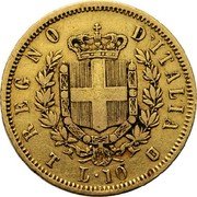 Italy 10 Lira Turin 1861 T B in shield KM# 9.1 REGNO D'ITALIA L 10 B coin reverse Italy 10 Lira Turin 1861 T B in shield KM# 9.1 REGNO D'ITALIA L 10 B coin reverse