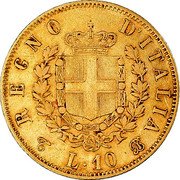 Italy 10 Lira Vittorio Emanuele II 1865 T BN KM# 9.2 REGNO D'ITALIA L.10 TBN coin reverse Italy 10 Lira Vittorio Emanuele II 1865 T BN KM# 9.2 REGNO D'ITALIA L.10 TBN coin reverse