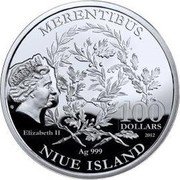 Niue 100 Dollars Bene Merentibus 2012 mw Proof MERENTIBUS. 100 DOLLARS ELIZABETH II 2012 AG 999 NIUE ISLAND coin obverse Niue 100 Dollars Bene Merentibus 2012 mw Proof MERENTIBUS. 100 DOLLARS ELIZABETH II 2012 AG 999 NIUE ISLAND coin obverse