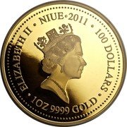 Niue 100 Dollars (Tasmanian Tiger) ELIZABETH II NIUE 2011 100 DOLLARS 1OZ 9999 GOLD coin obverse Niue 100 Dollars (Tasmanian Tiger) ELIZABETH II NIUE 2011 100 DOLLARS 1OZ 9999 GOLD coin obverse