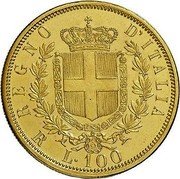 Italy 100 Lira Vittorio Emanuele II 1872 R KM# 19.2 REGNO D'ITALIA R L. 100 coin reverse Italy 100 Lira Vittorio Emanuele II 1872 R KM# 19.2 REGNO D'ITALIA R L. 100 coin reverse