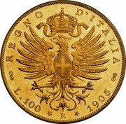 Italy 100 Lira Vittorio Emanuele III. Aquila Sabauda 1905 R KM# 39 REGNO D'ITALIA L.100 R 1905 coin reverse Italy 100 Lira Vittorio Emanuele III. Aquila Sabauda 1905 R KM# 39 REGNO D'ITALIA L.100 R 1905 coin reverse