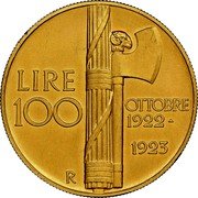 Italy 100 Lira Vittorio Emanuele III Fascism Anniversary 1923 R KM# 65 LIRE 100 R OTTOBRE 1922 1923 coin reverse Italy 100 Lira Vittorio Emanuele III Fascism Anniversary 1923 R KM# 65 LIRE 100 R OTTOBRE 1922 1923 coin reverse