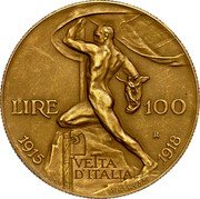 Italy 100 Lire Vittorio Emanuele III Anniversary of Reign 1925 R KM# 66 LIRE 100 R 1915 - 1918 VETTA D'ITALIA A M INC MISTRUZZI coin reverse Italy 100 Lire Vittorio Emanuele III Anniversary of Reign 1925 R KM# 66 LIRE 100 R 1915 - 1918 VETTA D'ITALIA A M INC MISTRUZZI coin reverse