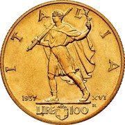 Italy 100 Lira Vittorio Emanuele III Small issue 1937 R KM# 84 ITALIA 1937 XVI R LIRE 100 coin reverse Italy 100 Lira Vittorio Emanuele III Small issue 1937 R KM# 84 ITALIA 1937 XVI R LIRE 100 coin reverse