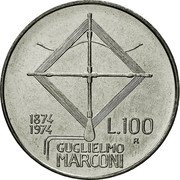 Italy 100 Lira Guglielmo Marconi 1974 R KM# 102 1874 1974 L.100 GUGLIELMO MARCONI coin reverse Italy 100 Lira Guglielmo Marconi 1974 R KM# 102 1874 1974 L.100 GUGLIELMO MARCONI coin reverse
