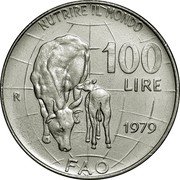 Italy 100 Lire Food and Agriculture Organization 1979 R KM# 106 NUTRIRE IL MONDO 100 LIRE R 1979 FAO coin reverse Italy 100 Lire Food and Agriculture Organization 1979 R KM# 106 NUTRIRE IL MONDO 100 LIRE R 1979 FAO coin reverse