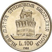 Italy 100 Lira University of Bologna 1988 R KM# 127 ALMA MATER STUDIORUM SAECULARIA NONA R L 100 1988 coin reverse Italy 100 Lira University of Bologna 1988 R KM# 127 ALMA MATER STUDIORUM SAECULARIA NONA R L 100 1988 coin reverse