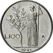 Italy 100 Lira Minerva. Olive Tree 1991 R KM# 96.2 L.100 R 1991 coin reverse Italy 100 Lira Minerva. Olive Tree 1991 R KM# 96.2 L.100 R 1991 coin reverse