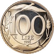 Italy 100 Lira Turreted Head 1998 R Proof KM# 159 100 R LIRE 1994 coin reverse Italy 100 Lira Turreted Head 1998 R Proof KM# 159 100 R LIRE 1994 coin reverse