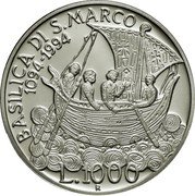 Italy 1000 Lira 900th Anniversary Basilica of San Marco in Venice 1994 R KM# 165 BASILICA DI S. MARCO 1094-1994 L. 1000 coin reverse