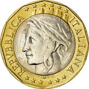 Italy 1000 Lira European Union 1997 R KM# 190 REPVBBLICA ITALIANA L.CRETARA coin obverse