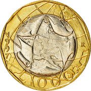 Italy 1000 Lira European Union 1997 R KM# 190 1997 R PERNAZZA L.1000 coin reverse