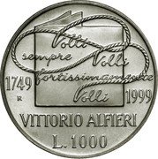 Italy 1000 Lira 250th Anniversary of the Birth of Vittorio Alfieri 1999 R KM# 221 VOLLI SEMPRE, VOLLI FORTISSIMAMENTE VOLLI. 1749 1999 R VITTORIO ALFIERI L. 1000 coin reverse
