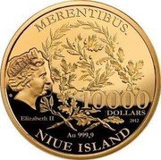 Niue 10000 Dollars Bene Merentibus 2012 mw Proof MERENTIBUS. 10000 DOLLARS ELIZABETH II 2012 AU 999.9 NIUE ISLAND coin obverse Niue 10000 Dollars Bene Merentibus 2012 mw Proof MERENTIBUS. 10000 DOLLARS ELIZABETH II 2012 AU 999.9 NIUE ISLAND coin obverse