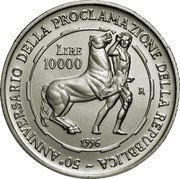 Italy 10000 Lira 50th Anniversary of the Republic 1996 R KM# 179 50° ANNIVERSARIO DELLA PROCLAMAZIONE DELLA REPUBBLICA- LIRE 10000 R 1996 coin reverse Italy 10000 Lira 50th Anniversary of the Republic 1996 R KM# 179 50° ANNIVERSARIO DELLA PROCLAMAZIONE DELLA REPUBBLICA- LIRE 10000 R 1996 coin reverse