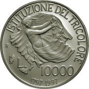 Italy 10000 Lira 200th Anniversary of the Flag 1997 R KM# 188 ISTITUZIONE DEL TRICOLORE R L.10000 1797 1997 coin reverse Italy 10000 Lira 200th Anniversary of the Flag 1997 R KM# 188 ISTITUZIONE DEL TRICOLORE R L.10000 1797 1997 coin reverse