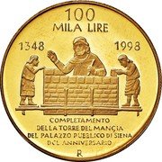 Italy 100000 Lira 650th Anniversary of the Completion of the Torre del Mangia 1998 R Proof KM# 227 100 MILA LIRE 1348 1998 COMPLETAMENTO DELLA TORRE DEL MANGIA DEL PALAZZO PUBBLICO DI SIENA DCL ANNIVERSARIO R coin reverse Italy 100000 Lira 650th Anniversary of the Completion of the Torre del Mangia 1998 R Proof KM# 227 100 MILA LIRE 1348 1998 COMPLETAMENTO DELLA TORRE DEL MANGIA DEL PALAZZO PUBBLICO DI SIENA DCL ANNIVERSARIO R coin reverse