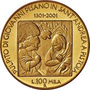 Italy 100000 Lira 700th Anniversary of the Pulpit of Sant' Andrea in Pistonia Tuscany 2001 R Proof KM# 233 PULPITO DI GIOVANNI PISANO IN SANT'ANDREA A PISTOIA 1301-2001 L.100 MILA R coin reverse Italy 100000 Lira 700th Anniversary of the Pulpit of Sant' Andrea in Pistonia Tuscany 2001 R Proof KM# 233 PULPITO DI GIOVANNI PISANO IN SANT'ANDREA A PISTOIA 1301-2001 L.100 MILA R coin reverse