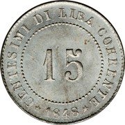 Italy 15 Centesimi Venice Coinage 1848 ZV KM# 801 CENTESIMI DI LIRA CORRENTE 15 1848 coin reverse Italy 15 Centesimi Venice Coinage 1848 ZV KM# 801 CENTESIMI DI LIRA CORRENTE 15 1848 coin reverse