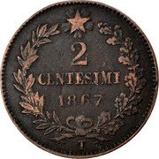 Italy 2 Centesimi Vittorio Emanuele II 1867 T KM# 2.3 2 CENTESIMI 1867 T coin reverse Italy 2 Centesimi Vittorio Emanuele II 1867 T KM# 2.3 2 CENTESIMI 1867 T coin reverse