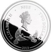 Niue Two Dollars Doves 2013 Proof KM# 601a ELIZABETH II NIUE TWO DOLLARS 2011 coin obverse Niue Two Dollars Doves 2013 Proof KM# 601a ELIZABETH II NIUE TWO DOLLARS 2011 coin obverse